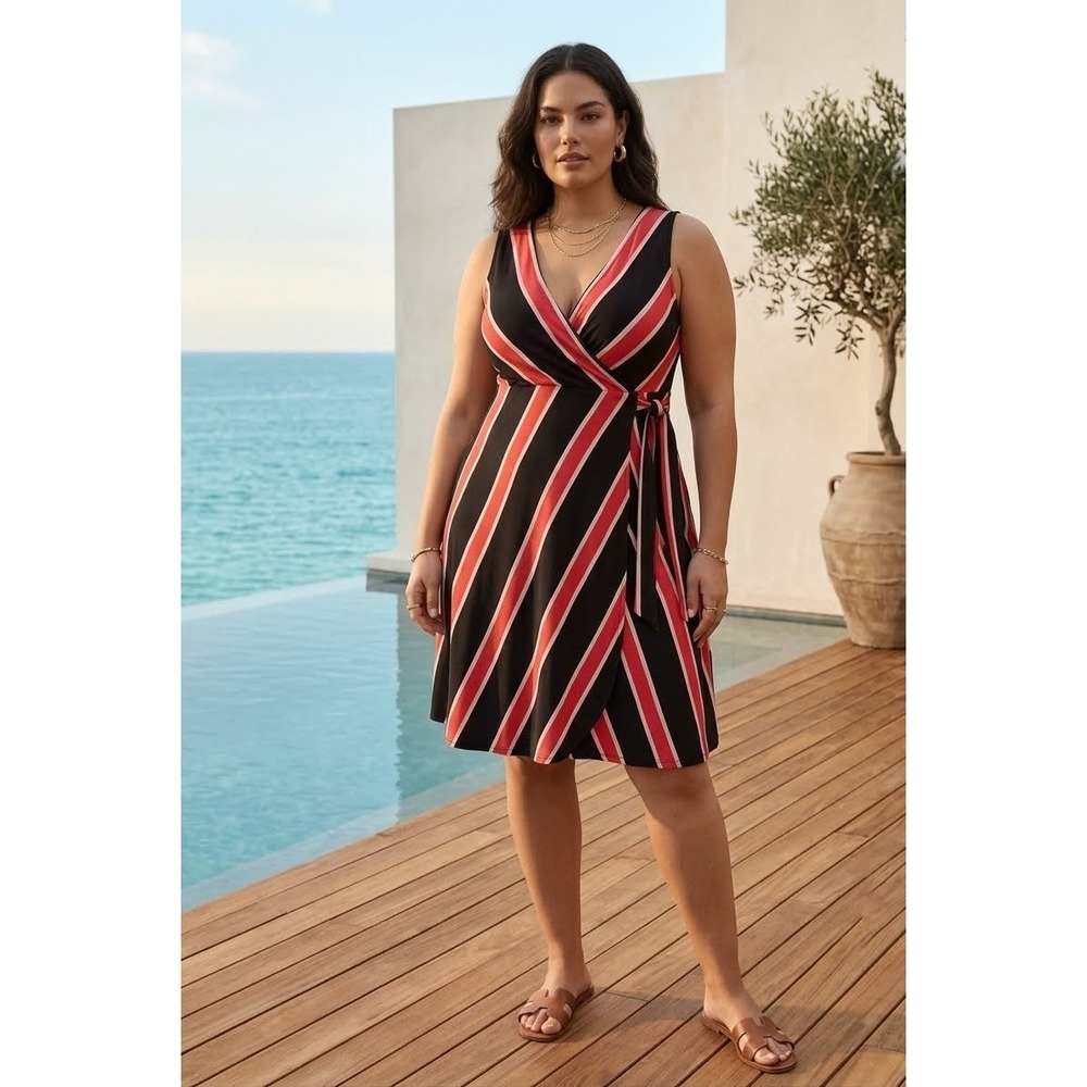 Torrid Mini Stretch Crepe Wrap Dress Womens 3X Black/Red Striped Surplice
